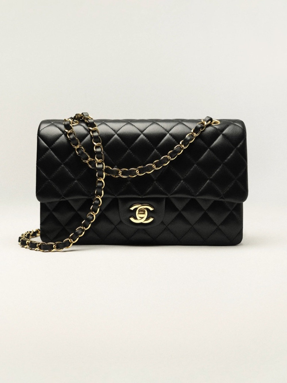 CHANEL CLASSIC 11.12 HANDBAG BLACK LAMBSKIN & GOLD TONE METAL HARDWARE
